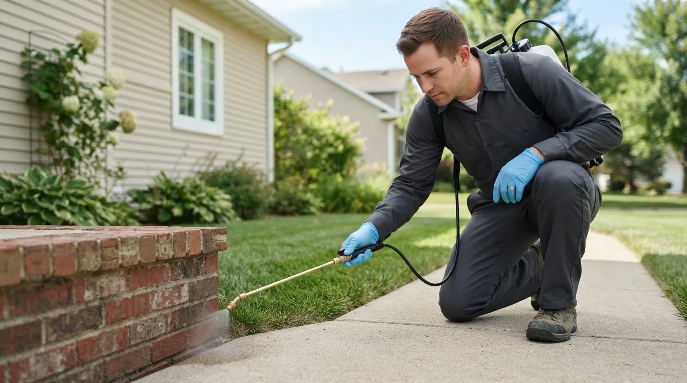 Pest control technician treating a home near Paoli, IN